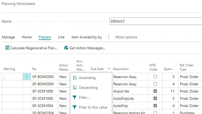 Planningworksheet in Business Central