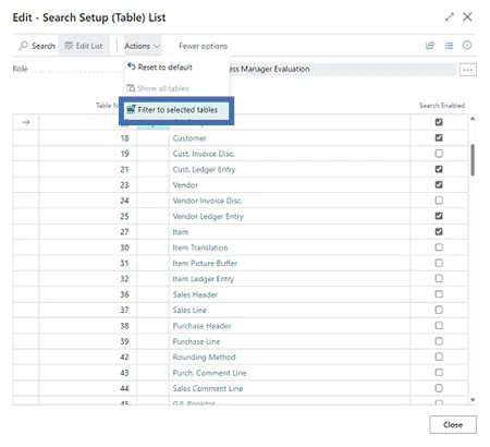 Search setup table list