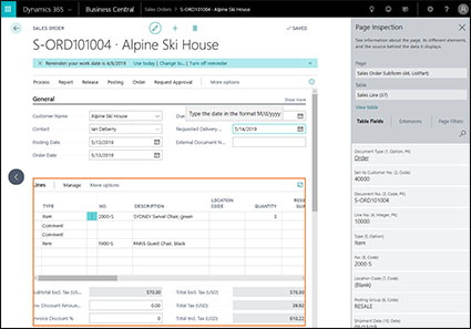 Page inspection in Business Central screenshot