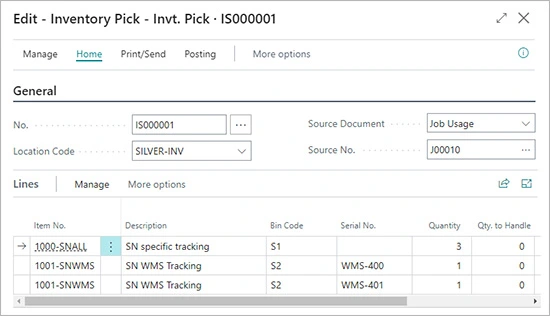 Inventory pick with tracked items Inventory pick with tracked items