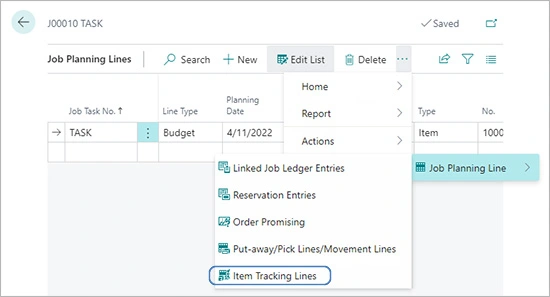 The Item Tracking Lines action on the Job Planning Lines page