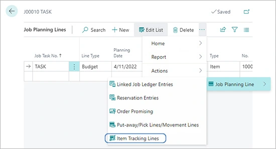 The Item Tracking Lines action on the Job Planning Lines page The Item Tracking Lines action on the Job Planning Lines page
