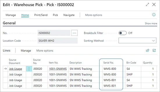 Inventory pick with tracked items