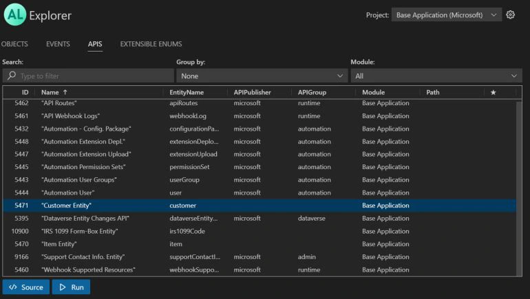 AL Explorer - Oversikt over alle API-sider i det valgte app-scope