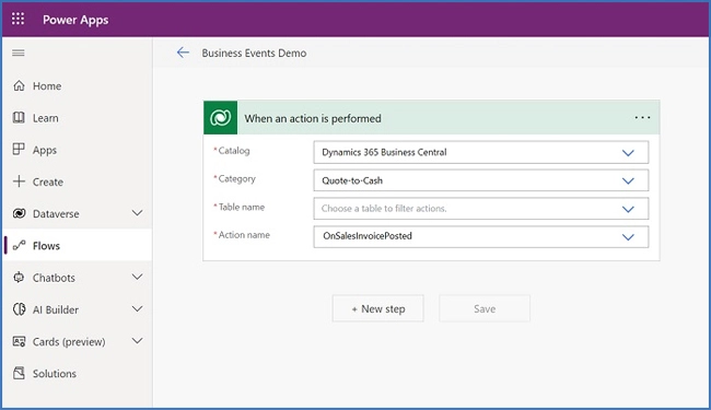 Power Apps Business Event Triggers Business Central