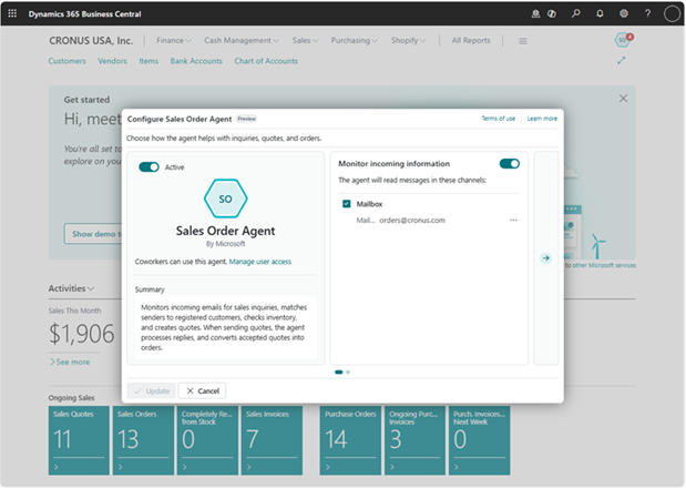 Konfiguration af salgsordreagent i Business Central Konfiguration af salgsordreagent i Business Central